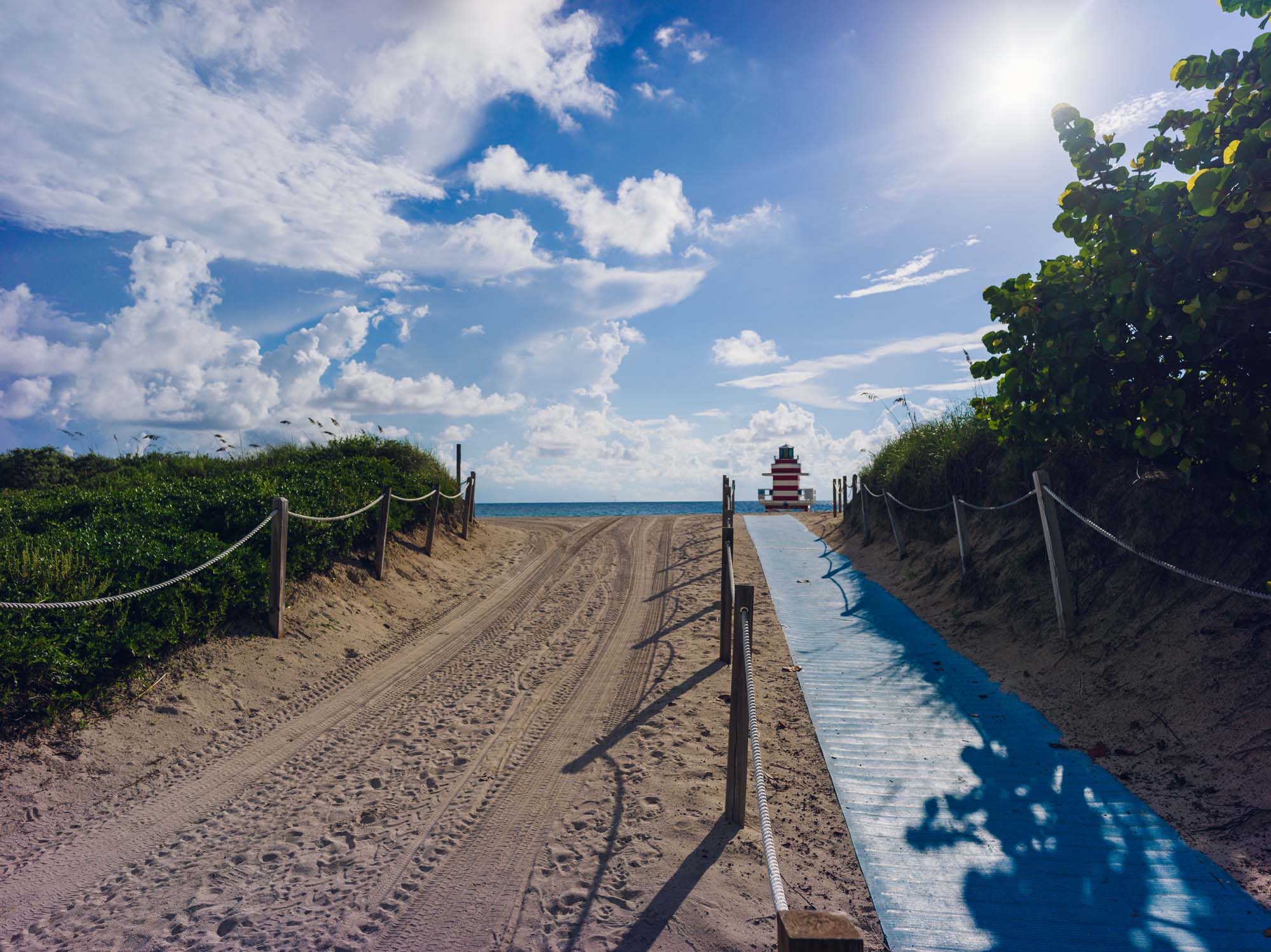 Blue beach access mat leading across the sand toward the ocean