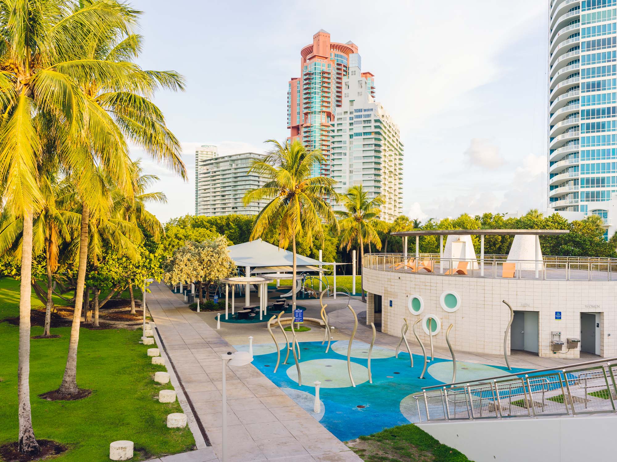 Splash pad, shaded playground and restrooms at South Pointe Park, Miami Beach